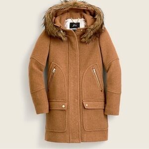 J. Crew Tan Hooded Coat with Faux Fur Trim